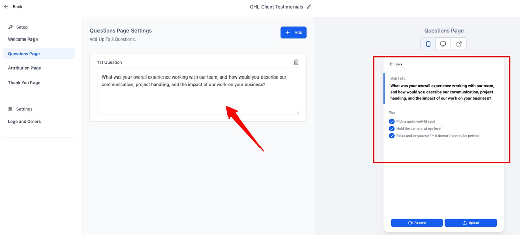 Configure the Questions Page